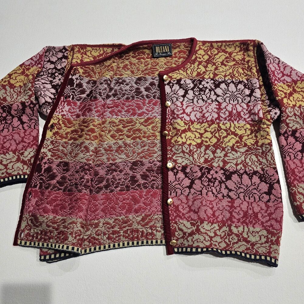 OLEANA Multicolor Floral 100% Pure New Wool Long Sleeve Cardigan Sweater Size L - Picture 6 of 14